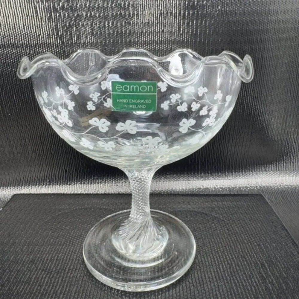 Eamon Glass Engraved Clover Ireland Swirl Footed Compote Dish‎ Bowl Clear Glass
